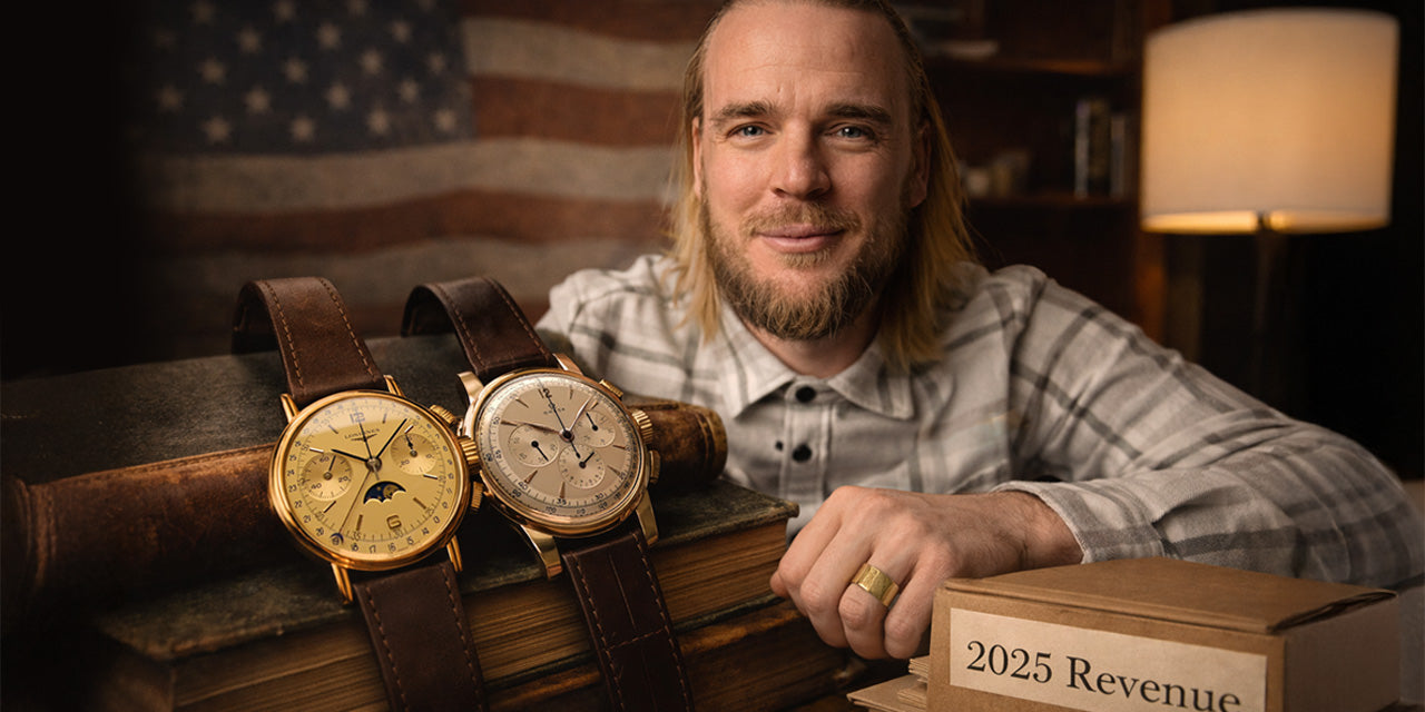 Man posing with two vintage gold chronographs on old books next to a box labeled 2025 Revenue