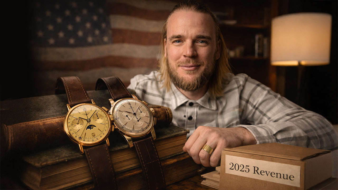 Man posing with two vintage gold chronographs on old books next to a box labeled 2025 Revenue