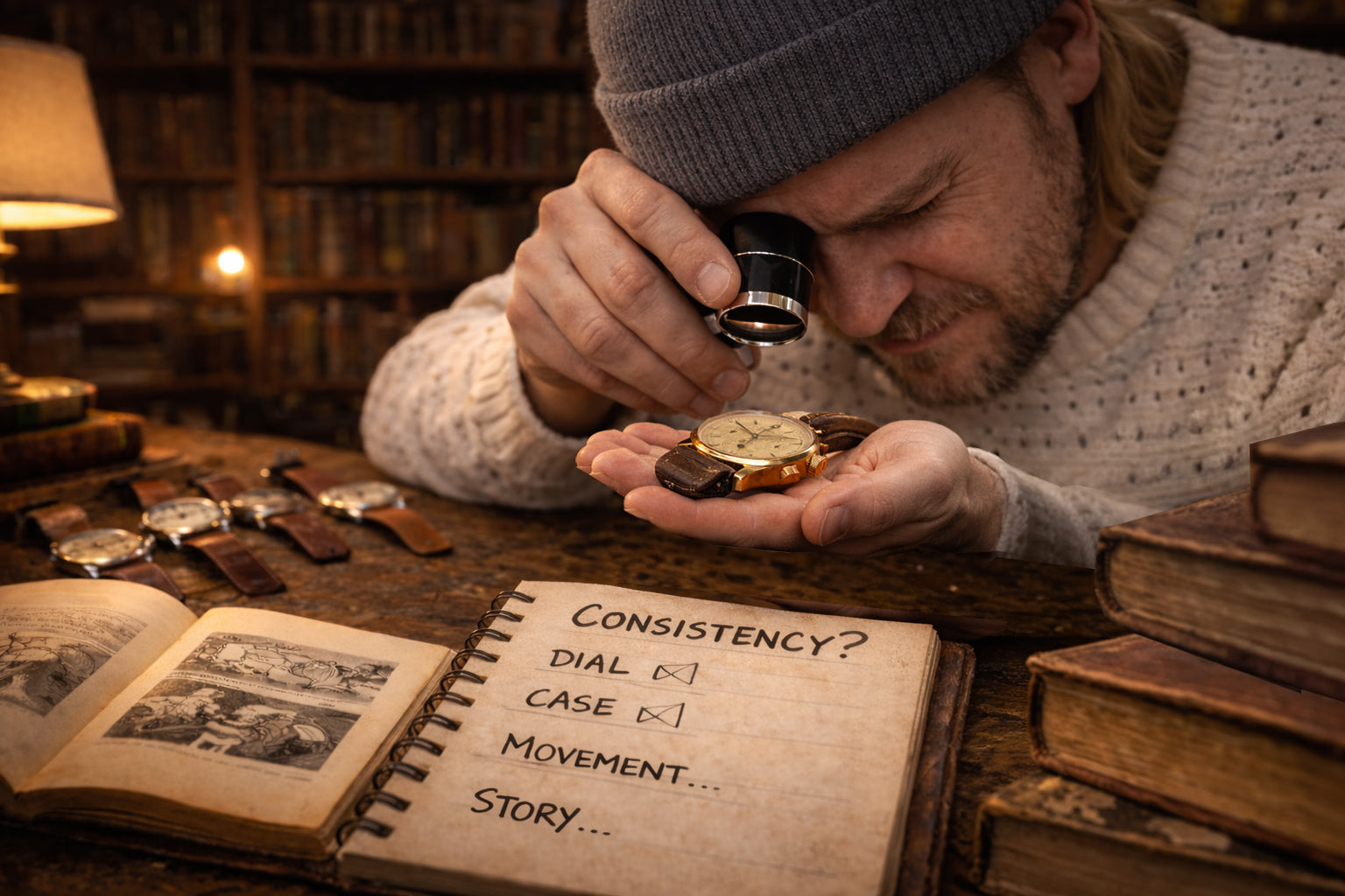 Man inspecting a vintage watch with a loupe next to a consistency checklist for dial, case, movement, and story