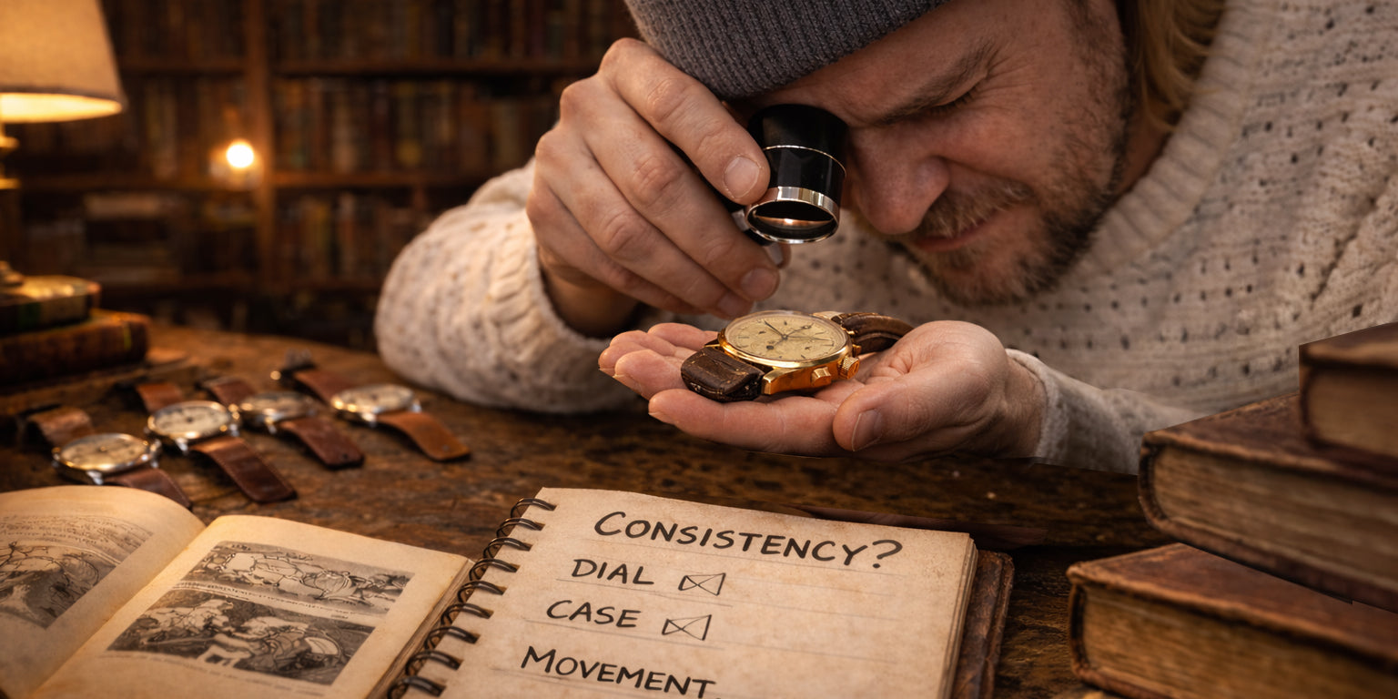 Man inspecting a vintage watch with a loupe next to a consistency checklist for dial, case, movement, and story
