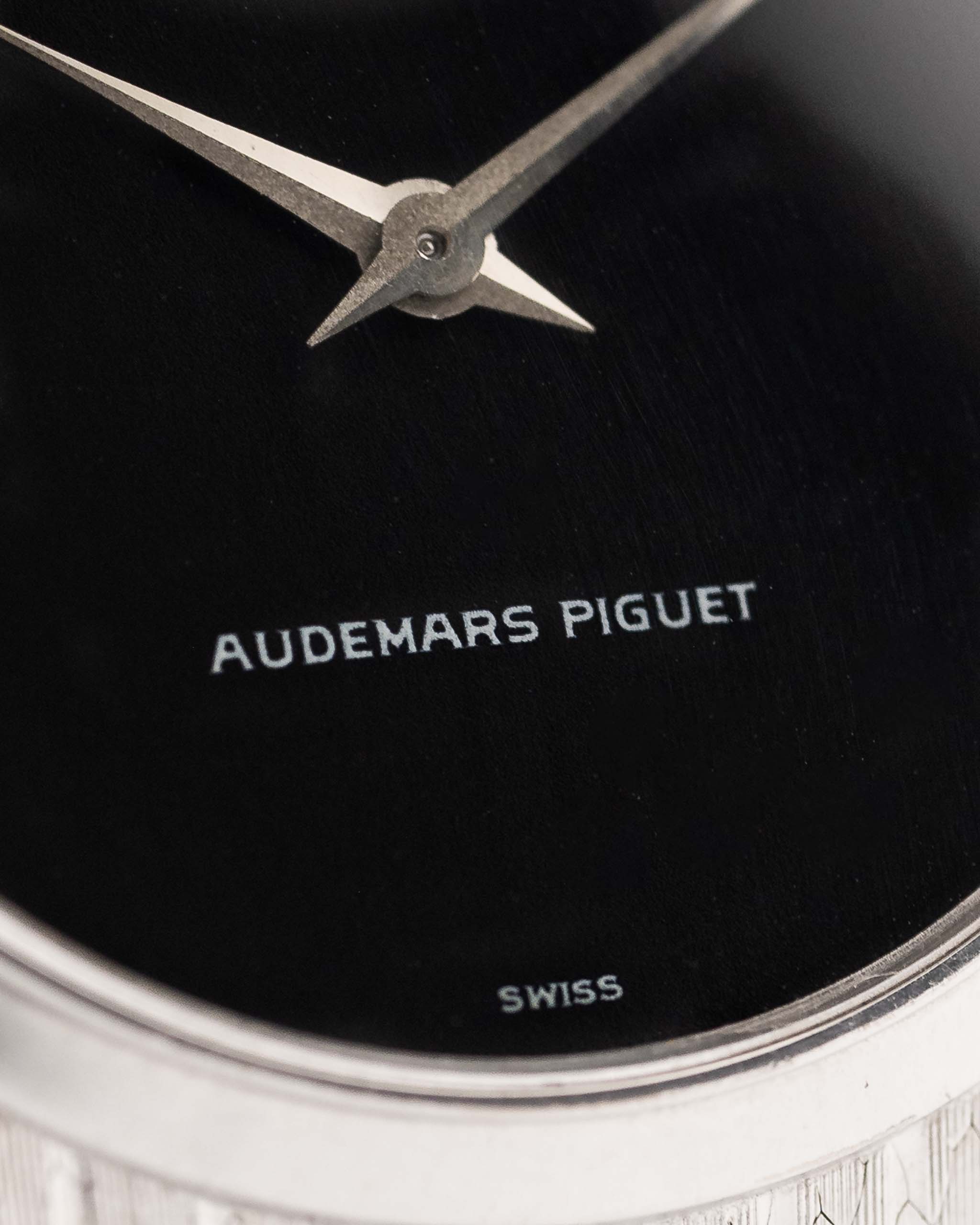 Closeup Photo of a Audemars Piguet 18k Black from the 1970s. 31.5mm 18k White Gold Case with Manual wind Cal. 2003, Deep black dial and 18k White Gold Bracelet.