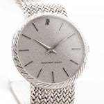 Audemars Piguet 18k Calatrava with a 34mm 18k white gold case, reflective silver dial, and white gold bracelet closeup