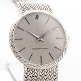 Audemars Piguet 18k Calatrava with a 34mm 18k white gold case, reflective silver dial, and white gold bracelet closeup