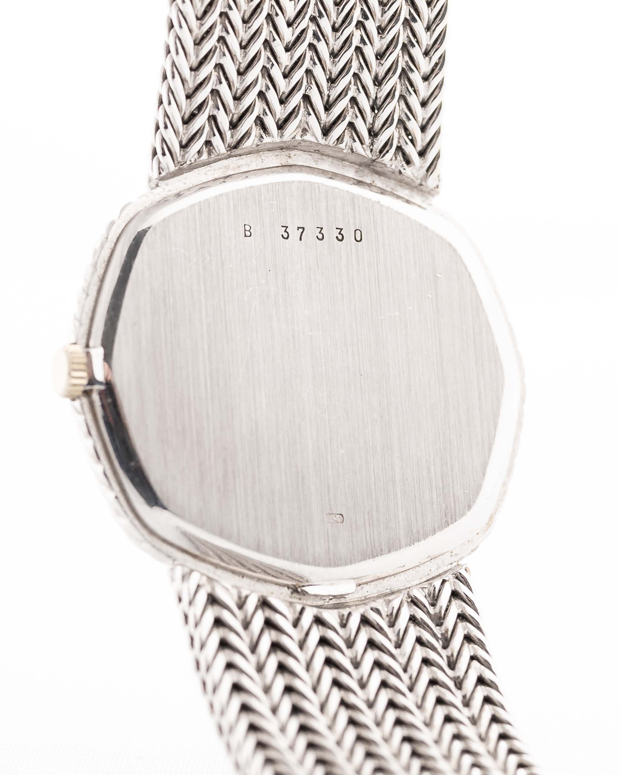 Closeup Photo of a Audemars Piguet Octagon Black Diamond from the 1970s on a wrist. 31.5mm case in 18k White Gold with Manual Wind Caliber 2003, Black Dial with Diamond Markers ad Adjustable 18k Bracelet.