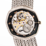 Closeup Photo of a Audemars Piguet Octagon Movement Black Diamond from the 1970s on a wrist. 31.5mm case in 18k White Gold with Manual Wind Caliber 2003, Black Dial with Diamond Markers ad Adjustable 18k Bracelet.
