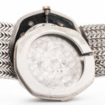 Closeup Photo of a Audemars Piguet Octagon Black Diamond from the 1970s on a wrist. 31.5mm case in 18k White Gold with Manual Wind Caliber 2003, Black Dial with Diamond Markers ad Adjustable 18k Bracelet.