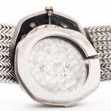 Closeup Photo of a Audemars Piguet Octagon Black Diamond from the 1970s on a wrist. 31.5mm case in 18k White Gold with Manual Wind Caliber 2003, Black Dial with Diamond Markers ad Adjustable 18k Bracelet.