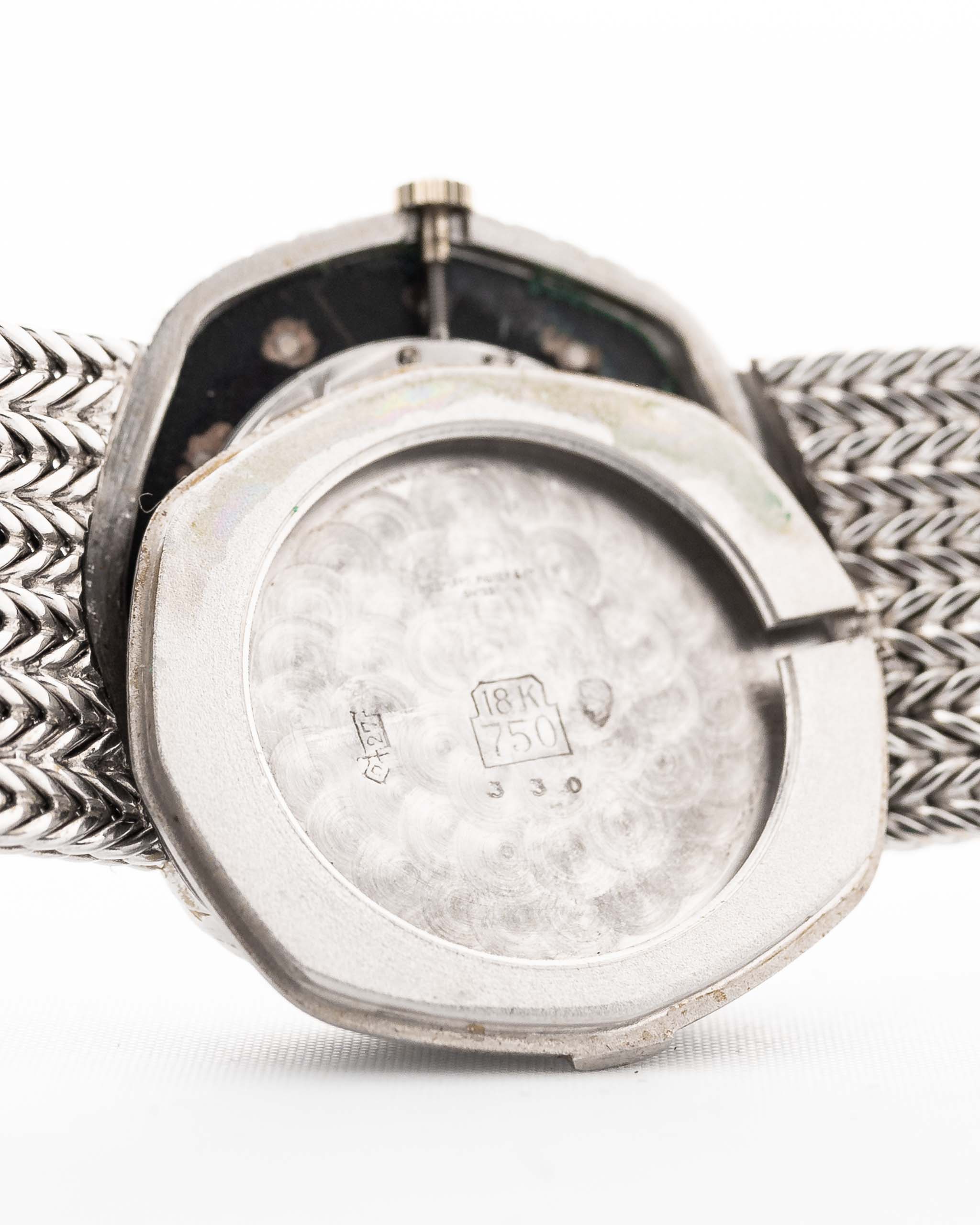Closeup Photo of a Audemars Piguet Octagon Black Diamond from the 1970s on a wrist. 31.5mm case in 18k White Gold with Manual Wind Caliber 2003, Black Dial with Diamond Markers ad Adjustable 18k Bracelet.