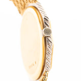 Closeup Photo of a Audemars Piguet Octagon Two Tone 18k from the 1980s. 30mm with 18k Yellow Gold Case, Golden Aventurine Dial, Manual Wind Movement and Yellow Gold Bracelet.