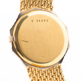 Closeup Photo of a Audemars Piguet Octagon Two Tone 18k from the 1980s. 30mm with 18k Yellow Gold Case, Golden Aventurine Dial, Manual Wind Movement and Yellow Gold Bracelet.