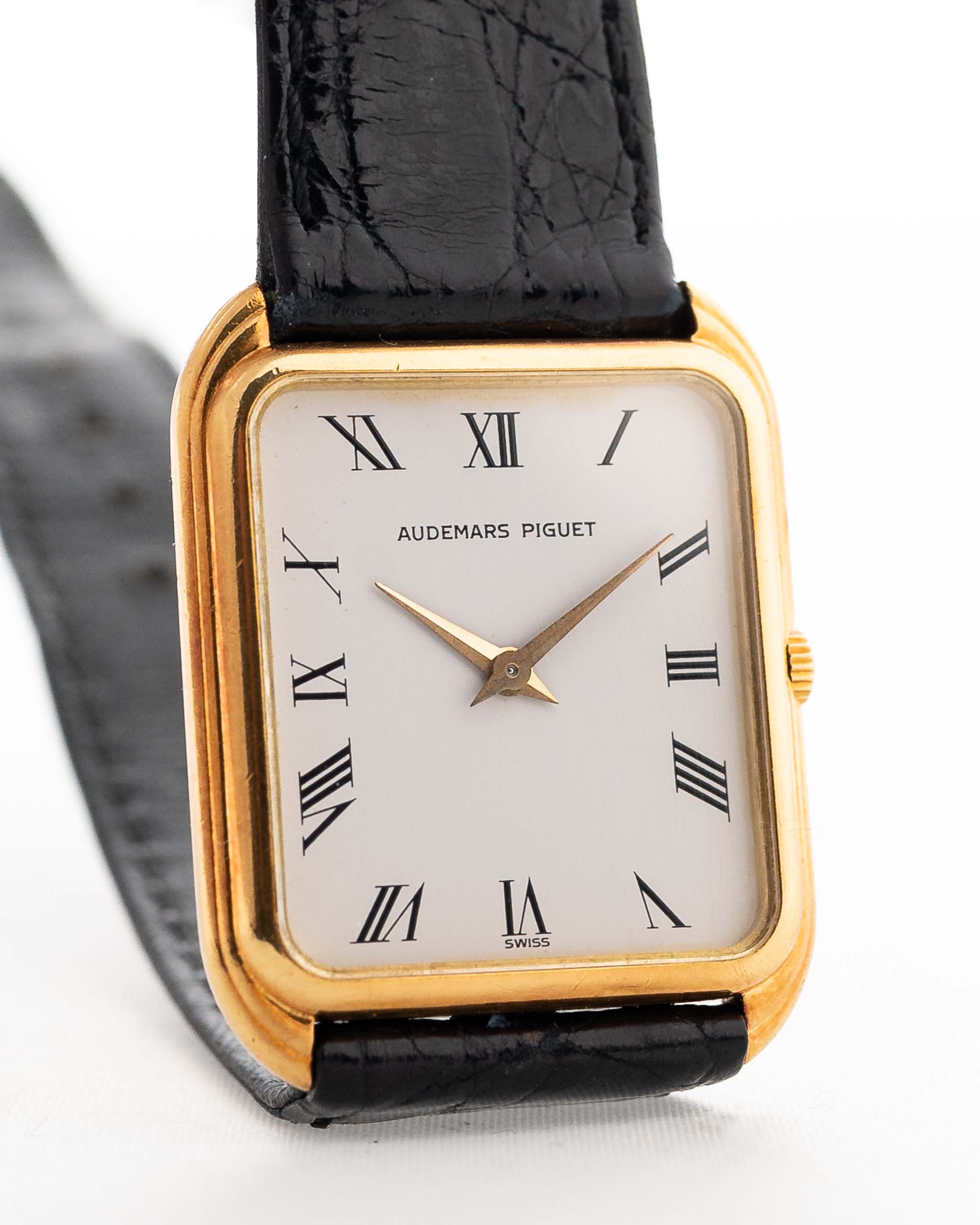 Vintage Audemars Piguet Watch Tank 18k yellow gold Stepped Roman white dial 