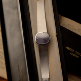 Silver watch in a Patek Philippe box with a blurred background