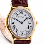 Vintage Cartier Arcade Paris Watch 9605 Two Tone from the 1980s. 18k Yellow Gold Case, White Gold Bezel, White Paris Dial, Manual Wind Movement and Red Leather Strap.