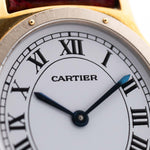Vintage Cartier Arcade Paris Watch 9605 Two Tone from the 1980s. 18k Yellow Gold Case, White Gold Bezel, White Paris Dial, Manual Wind Movement and Red Leather Strap.