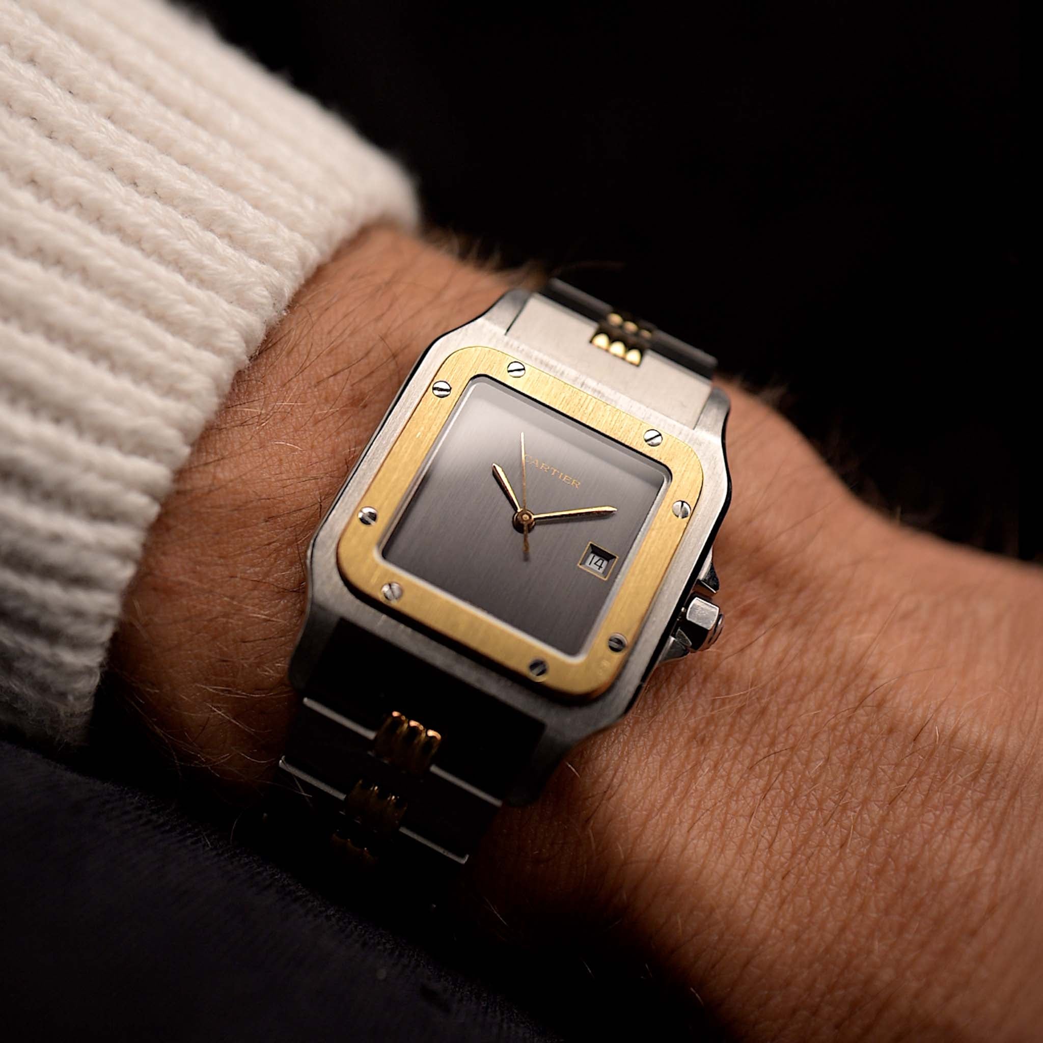 Cartier Santos Carrée 2961 Godron Ghost 1990s. 29mm in Two-tone stainless steel-yellow gold, Slate grey Ghost dial, Automatic and Godron bracelet.