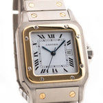Closeup Photo of a Vintage Cartier Santos Carrée 2961 Two Tone from 1990s on wrist. Two-tone stainless steel, Original white dial, Automatic movement and original bracelet.