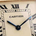 Closeup of a Vintage Cartier Tank Louis 78086 Paris Dial from the 1970s. 23x30mm with 18k Yellow Gold Case, Manual Wind Movement, Flawless Ivory Dial, Hands and Leather Strap.