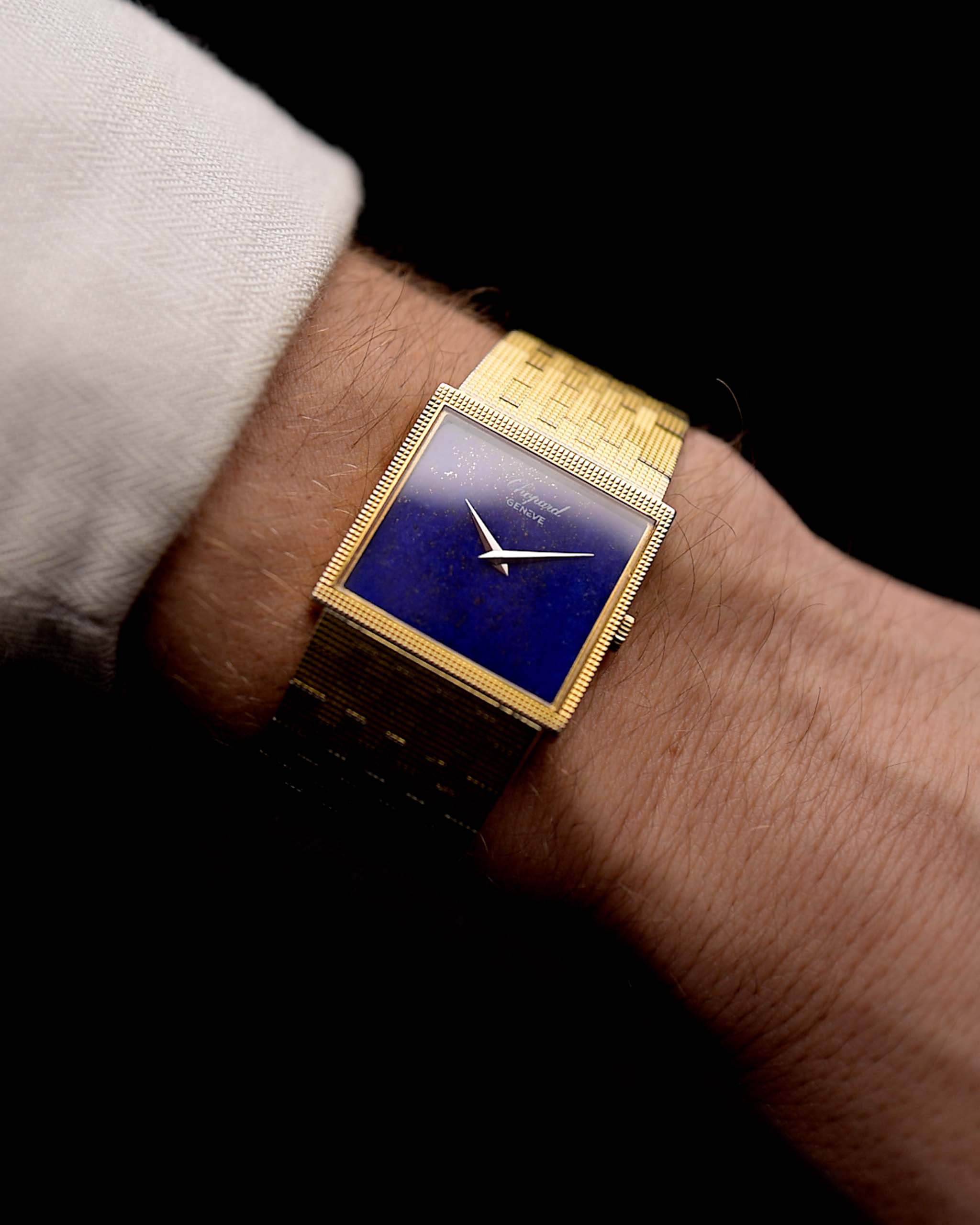Preowned Chopard 18k Square Lapislazuli 1970s on wrist - reference- 2017 1 - GOLDAMMER