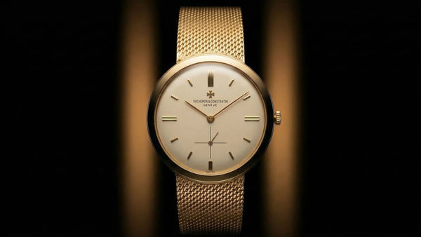 Vintage Vacheron Constantin Genève dress watch in yellow gold with cream dial, gold baton hour markers, small seconds subdial at 6 o'clock, and woven gold mesh bracelet