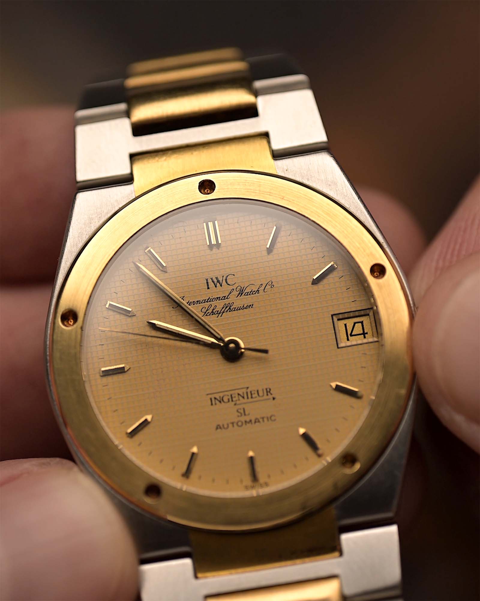 Vintage IWC Ingenieur 3505 SL Two Tone watch from 1987. Golden Papergraph Dial and Two Tone Bracelet.