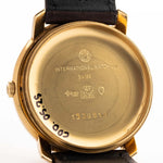 Closeup of a Vintage IWC de Luxe automatic 18k 1959 Case. 35mm with 18k Yellow Gold Case, Automatic Caliber 8531, flawless Pie Pan Dial and Leather Strap.