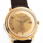 Closeup of a Vintage IWC de Luxe automatic 18k 1959 Dial. 35mm with 18k Yellow Gold Case, Automatic Caliber 8531, flawless Pie Pan Dial and Leather Strap.
