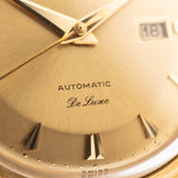 Closeup of a Vintage IWC de Luxe automatic 18k 1959 Dial. 35mm with 18k Yellow Gold Case, Automatic Caliber 8531, flawless Pie Pan Dial and Leather Strap.