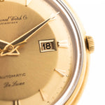 Closeup of a Vintage IWC de Luxe automatic 18k 1959 Dial. 35mm with 18k Yellow Gold Case, Automatic Caliber 8531, flawless Pie Pan Dial and Leather Strap.
