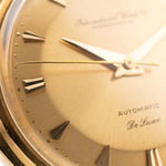 Closeup of a Vintage IWC de Luxe automatic 18k 1959 Dial. 35mm with 18k Yellow Gold Case, Automatic Caliber 8531, flawless Pie Pan Dial and Leather Strap.