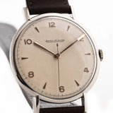 Jaeger LeCoultre Steel Dress Sword Watch 1950s - stainless steel case - cream dial closeup
