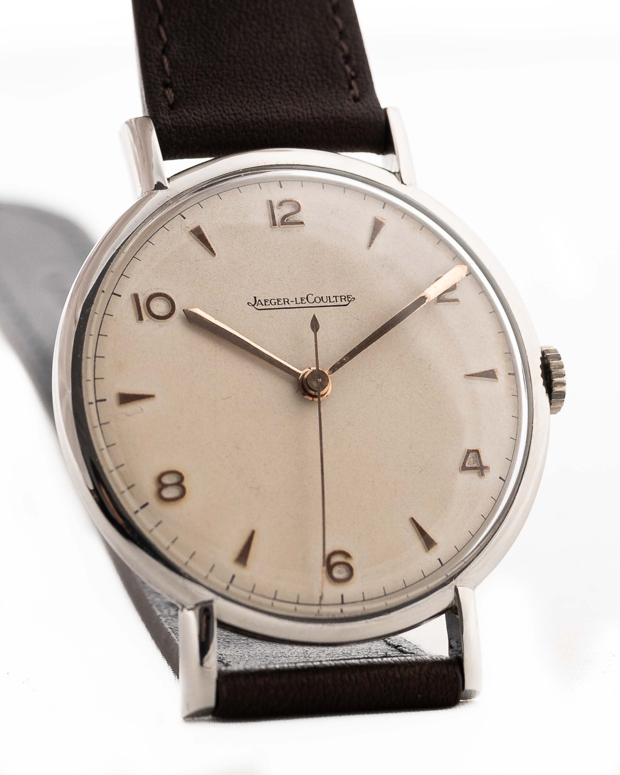 Jaeger LeCoultre Steel Dress Sword Watch 1950s - stainless steel case - cream dial closeup