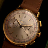 Longines 7414 silver sunburst dial with twin sub-dials and telemetre scale close-up, 18k gold