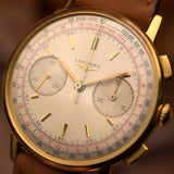 Longines 7414 vintage watch, flyback chronograph dial and telemetre scale close-up, 18k gold