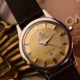 Omega Constellation 2852 vintage watch, cheesecake pie-pan dial close-up, steel chronometer