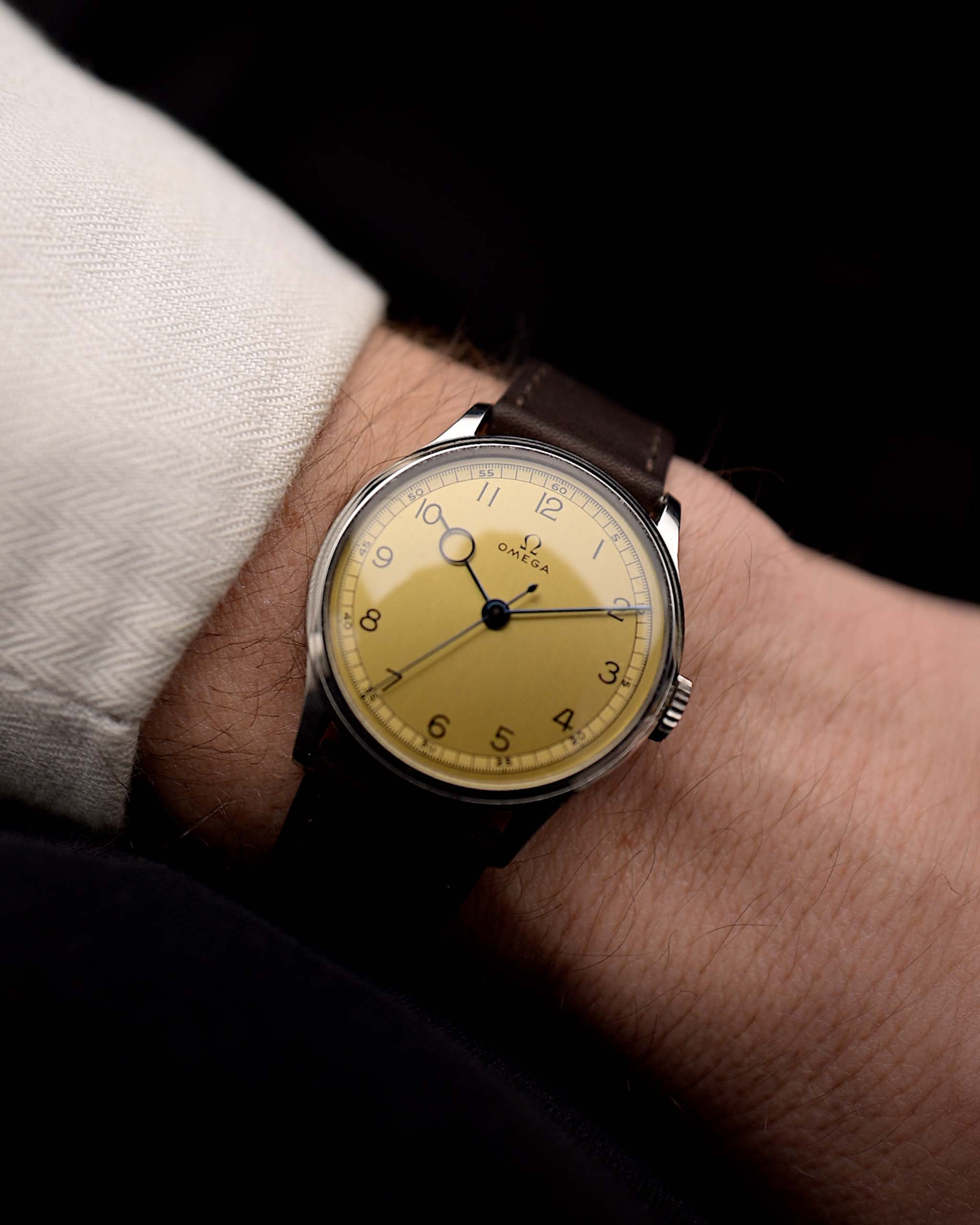 Vintage Omega Art Deco Pontife 1939 stainless steel case and golden dial