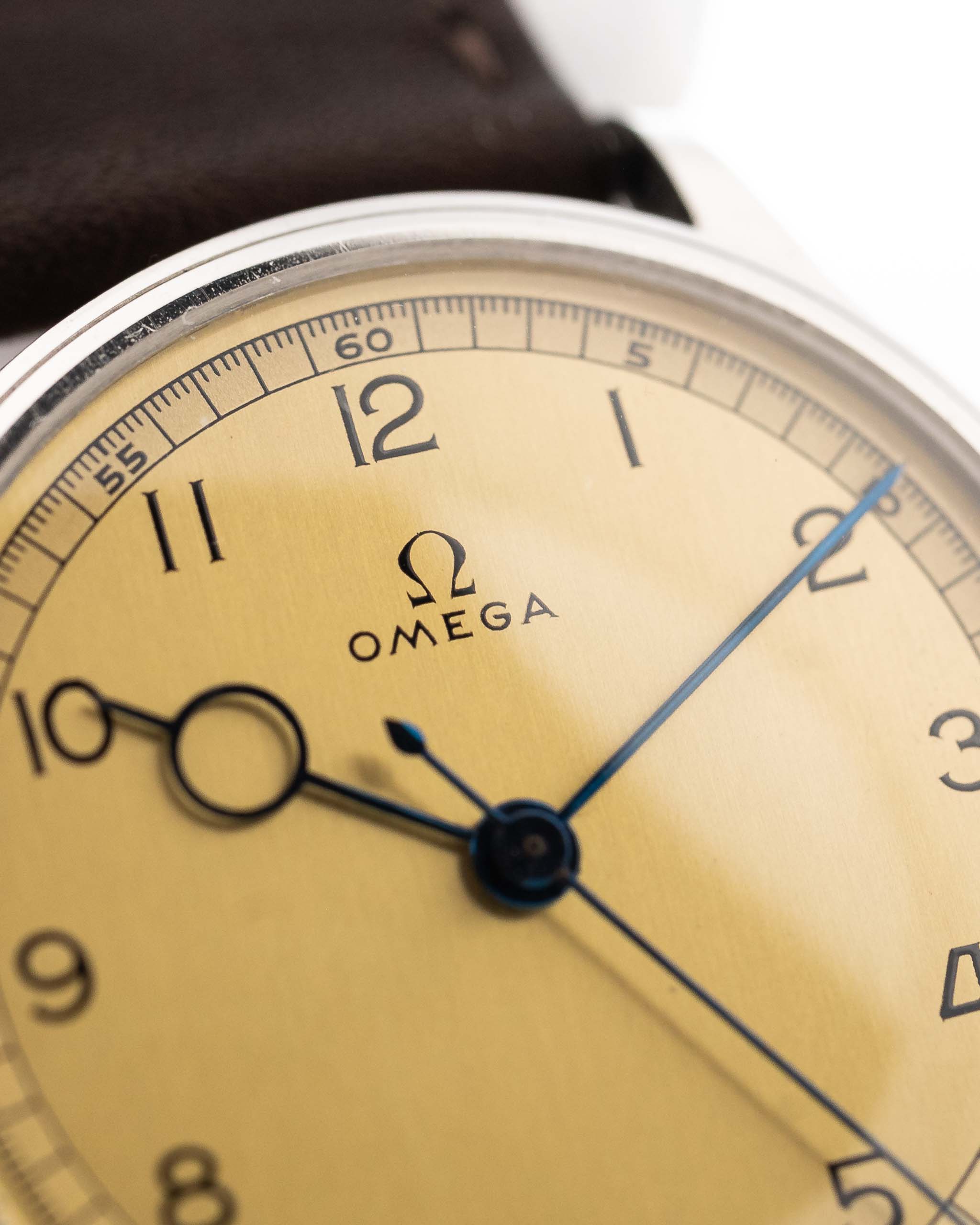 Vintage Omega Art Deco Pontife 1939 stainless steel case and golden dial