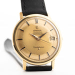 Vintage Omega Constellation 168004 Watch Onyx 18k from 1963. 35.5mm with 18k yellow gold case, Automatic chronometer Caliber 561, flawless golden pie pan dial and Leather strap.