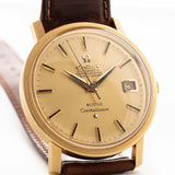 Omega Constellation 168018 Date "Meister" 1967, with 35mm 18k yellow gold case, sunburst dial, and rare double-signed design closeup