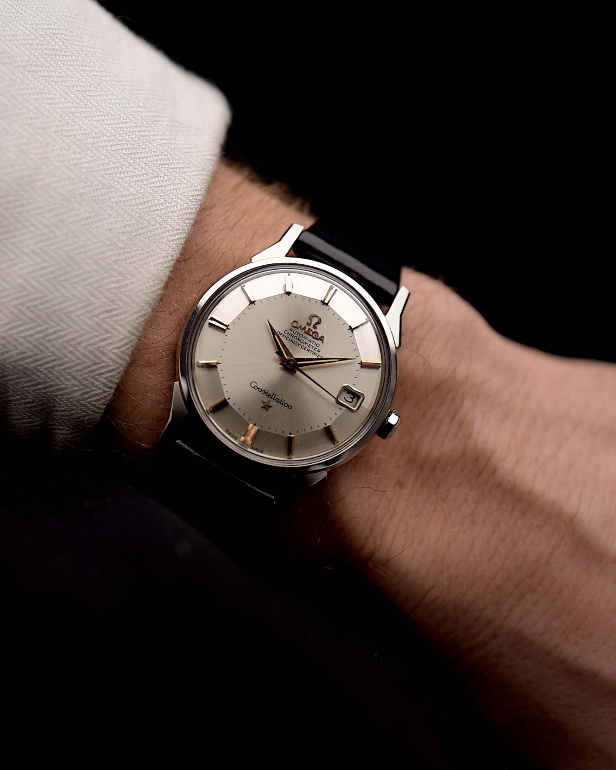 Photo of Omega Constellation Pie Pan Date 1963 on wrist - reference- 168.005 GOLDAMMER
