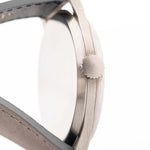 Closeup of a Vintage Omega Jumbo Radium from 1935 Case. 37.5mm with Stainless Steel Case, Manual Wind Movement, Original Silver Railroad Dial and Leather Strap.