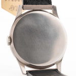 Closeup of a Vintage Omega Jumbo Radium from 1935 Case. 37.5mm with Stainless Steel Case, Manual Wind Movement, Original Silver Railroad Dial and Leather Strap.