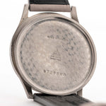 Closeup of a Vintage Omega Jumbo Radium from 1935 Case. 37.5mm with Stainless Steel Case, Manual Wind Movement, Original Silver Railroad Dial and Leather Strap.