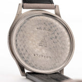 Closeup of a Vintage Omega Jumbo Radium from 1935 Case. 37.5mm with Stainless Steel Case, Manual Wind Movement, Original Silver Railroad Dial and Leather Strap.