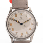 Closeup of a Vintage Omega Jumbo Radium from 1935 Silver Railroad Dial. 37.5mm with Stainless Steel Case, Manual Wind Movement, Original Silver Railroad Dial and Leather Strap.