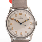 Closeup of a Vintage Omega Jumbo Radium from 1935 Silver Railroad Dial. 37.5mm with Stainless Steel Case, Manual Wind Movement, Original Silver Railroad Dial and Leather Strap.