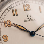 Closeup of a Vintage Omega Jumbo Radium from 1935 Silver Railroad Dial. 37.5mm with Stainless Steel Case, Manual Wind Movement, Original Silver Railroad Dial and Leather Strap.