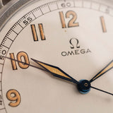 Closeup of a Vintage Omega Jumbo Radium from 1935 Silver Railroad Dial. 37.5mm with Stainless Steel Case, Manual Wind Movement, Original Silver Railroad Dial and Leather Strap.