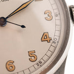 Closeup of a Vintage Omega Jumbo Radium from 1935 Silver Railroad Dial. 37.5mm with Stainless Steel Case, Manual Wind Movement, Original Silver Railroad Dial and Leather Strap.