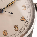 Closeup of a Vintage Omega Jumbo Radium from 1935 Silver Railroad Dial. 37.5mm with Stainless Steel Case, Manual Wind Movement, Original Silver Railroad Dial and Leather Strap.