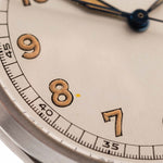 Closeup of a Vintage Omega Jumbo Radium from 1935 Silver Railroad Dial. 37.5mm with Stainless Steel Case, Manual Wind Movement, Original Silver Railroad Dial and Leather Strap.